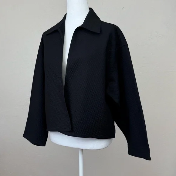 Vintage Zoran Textured Black Cotton Minimalist Boxy Open Blazer Jacket O/ S M L